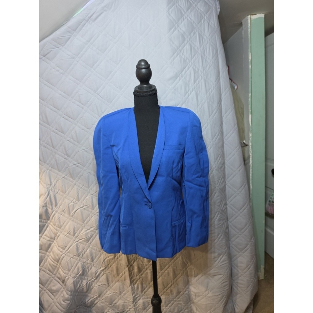 Krizia Italy Women Royal Blue‎ 100% Virgin Wool Collarless Blazer Jacket Size 40
